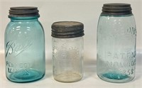 THREE GOOD ANTIQUE EMBOSSED GLASS JARS INCL BALL