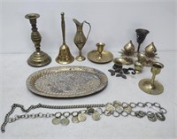 large brass pot and numerous brass pieces