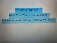 Lots 232 - 253 are Pick up only at 337 MT Herman