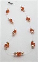 Sterling Silver Pearl & Orange Stone Necklace