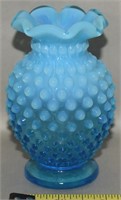 Vtg Fenton Blue Opalescent Hobnail Glass Vase 3.75