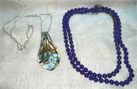 (2) Necklaces: Blue/Brown Art Glass Pendant
