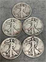 Five Walking Liberty Half Dollar Coins