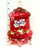 Vintage cranberry jar w/ enamel flowers