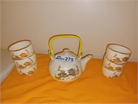 Painted gold quail teapot and 6 cups