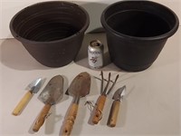 Two Planters Pots & Garden Tools