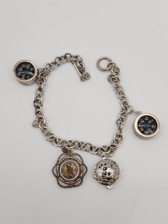 Sterling Charm Bracelet w/ Compass Charms