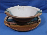 Lg Pottery Bowl & Plate (decorative)-marked Blue