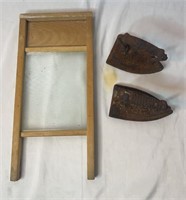 Wood/Glass Washboard and 2 Cast Iron Sad Irons