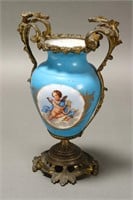 French Porcelain and Gilt Metal Twin Handled Vase,