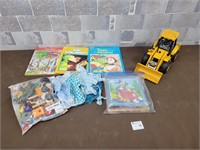 Kids books, toys, and tractor
