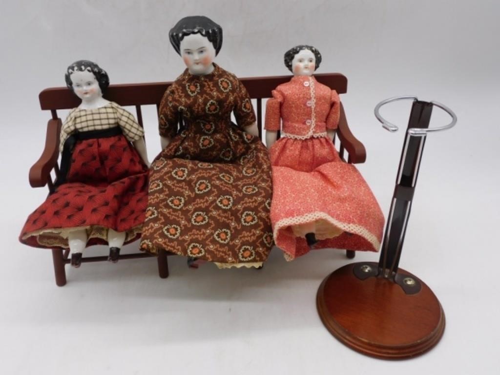 China Head Dolls with Windsor Bench.