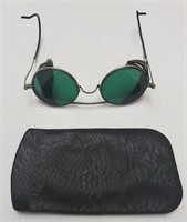 Vintage green tint glasses with leather case. One