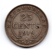 1919 Newfoundland 25 Cent Silver Coin