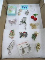 Flat of Vintage Holiday and Figural Pins,