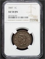 1847 Large Cent NGC AU58 BN Sharp Coin!