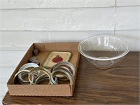 Pyrex bowl, canning jar rings, miscellaneous