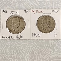Franklin Half Dollars Key Date 1955 D 1951 S 90%