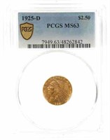 1925-D US INDIAN HEAD $2.50 GOLD COIN PCGS MS63