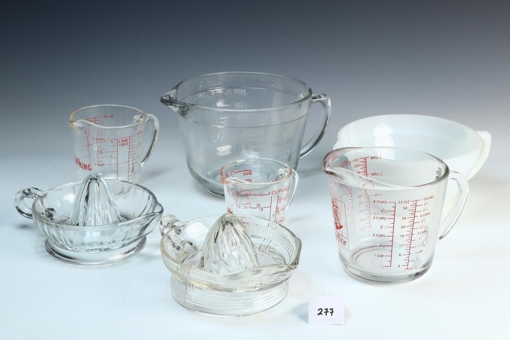 Lot of Pyrex measuring cups and a Fire King bowl