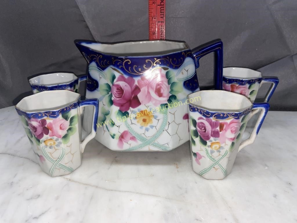 Hand painted nippon flow blue water set