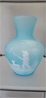 Vintage 7 in child and dog embossed blue glass