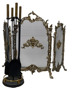 BRONZE FIREPLACE SCREEN AND SET OF FIREPLACE TOOLS