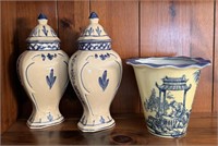 3 Pc Lot with Asian Planter & Blue Delft Style