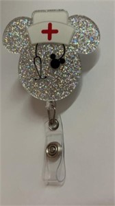 New badge reel silver sparkle Mickey / Minnie