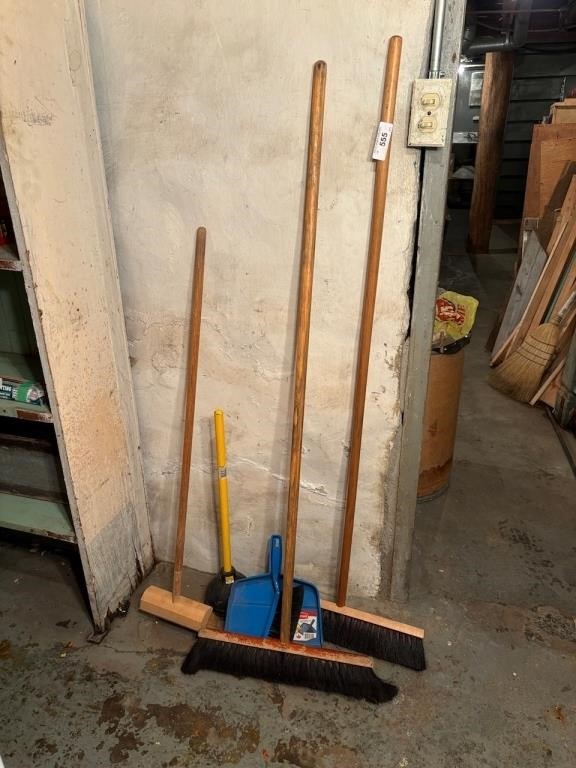 Assorted Brooms, Dustpan, Plunger