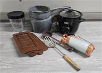 Rice Steamer. Cookie Press, Enamelware, Utensils