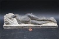 Signed Stone Nude Woman Laying Sculpture