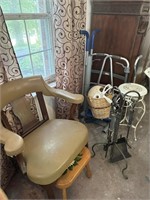 ARM CHAIR, FOOT STOOL, FIREPLACE TOOL SET, WALKER,