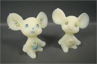 Two Fenton Satin Custard Decorated Mice