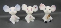 Three Fenton White Satin Glass Decorated Mice