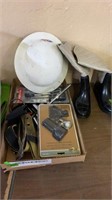 BOOTS & BOX OF MISC TOOLS, HARD HAT