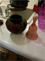 Goofus glass vase and vintage pottery bell