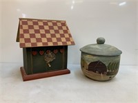Decorative Wooden House & Ceramic Dish w/Lid