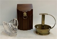 Wooden Letter Box, Glass Swan, Brass Candleholder