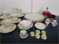 Vtg China plates, cup/saucer, s/p, red glass