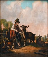 19TH CENTURY PAINTING ON TIN OF A GOAT HERDER