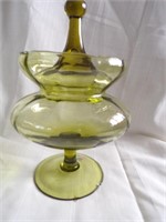 GREEN GLASS COVERED FOOTED DISH