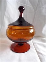 AMBER COLORED GLASS CANDY DISH WITH COVER