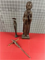 CARVED WOODEN RELIGIOUS ART & CRUCIFIX