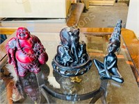 3 figures - wood elephants, wood & resin Buddhas