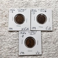 1926P VG,1926D F,1926S XF Lincoln Cents