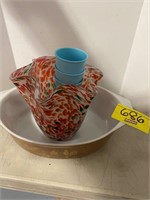 ART GLASS RUFFLE VASE, PYREX AMERICANA THEMED