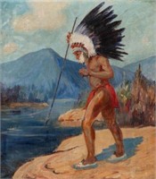 Painting of Native American Indian Spear Fishing.
