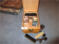 Wooden shoe shine kit with contents