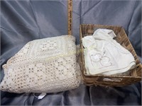 Basket with linens and crochet tablecloth  72x84